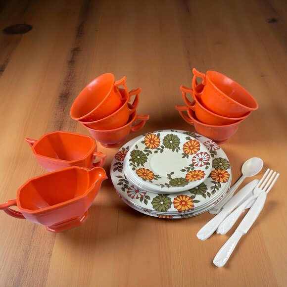 Vintage Child’s Tin Tea Set 1960s | Harvest Orange Floral Toy Dishes | Retro Pla - Picture 4 of 9